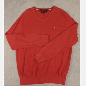 Tommy Hilfiger Men's Large Red 100% Cotton V-Neck Sweater Preppy Classic